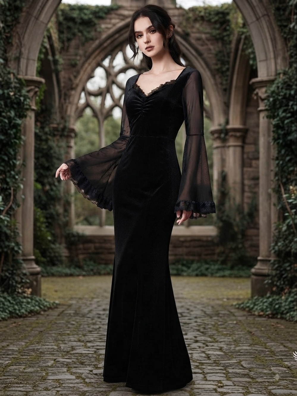 Velvet Sheer BellSleeves Victorian Witch Maxi Dress Sz-M Rave Isolde Whimsigoth